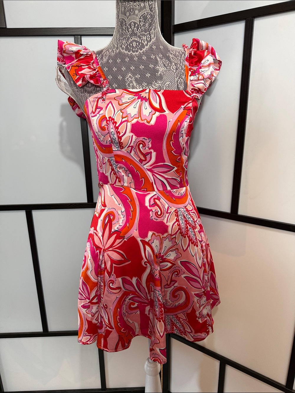 TCEC Pink & Red Floral Ruffle-Shoulder Casual Dress
